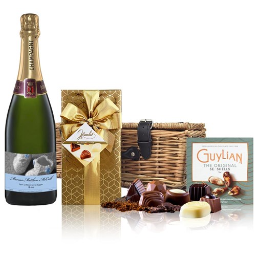 Personalised Champagne - Baby Boy Label And Chocolates Hamper